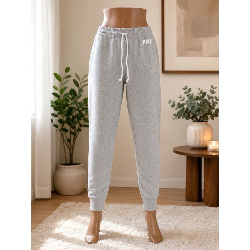 PINK Active Cotton Women’s Gray Jogger Pants Drawstring Pockets Elastic SZ L